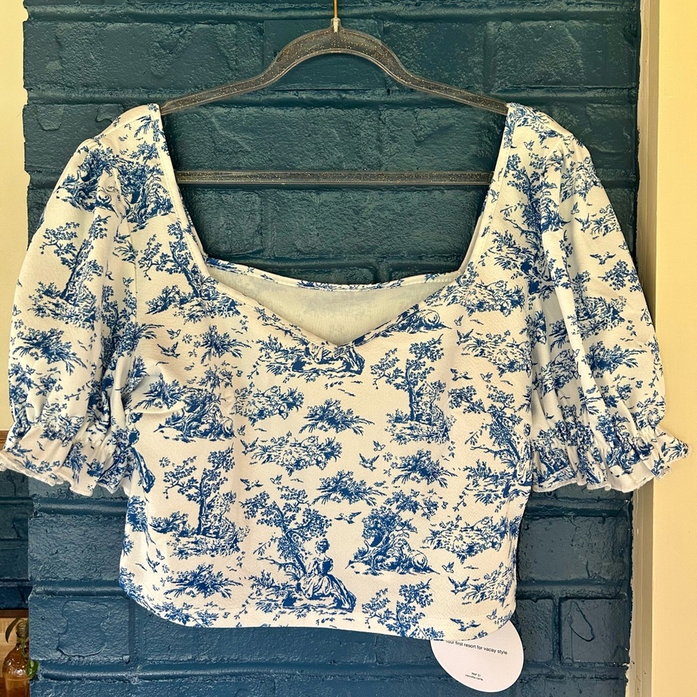 NWT SHEIN Blue and White Puff Sleeve Crop‎